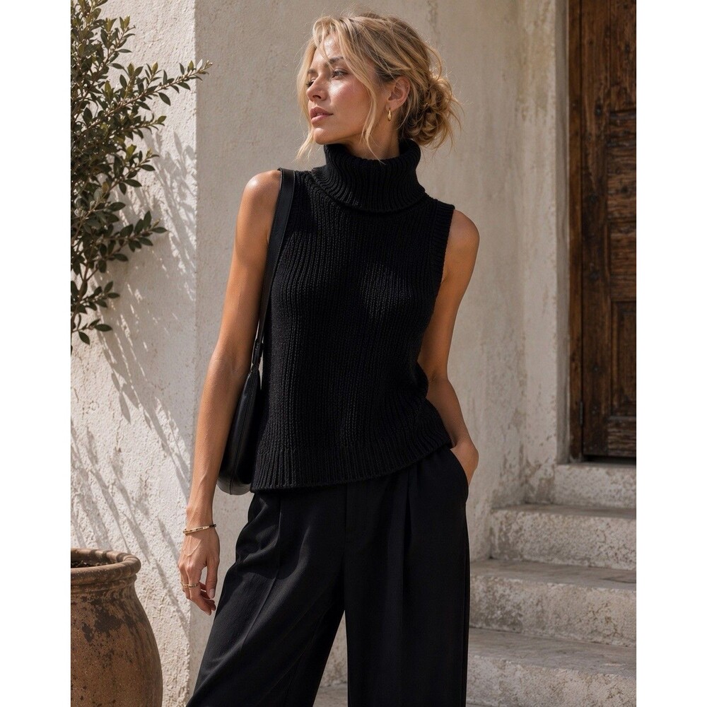Gentle Herd 100% Wool Rib Knit Sleeveless Turtleneck Sweater Tunic Black Sz S